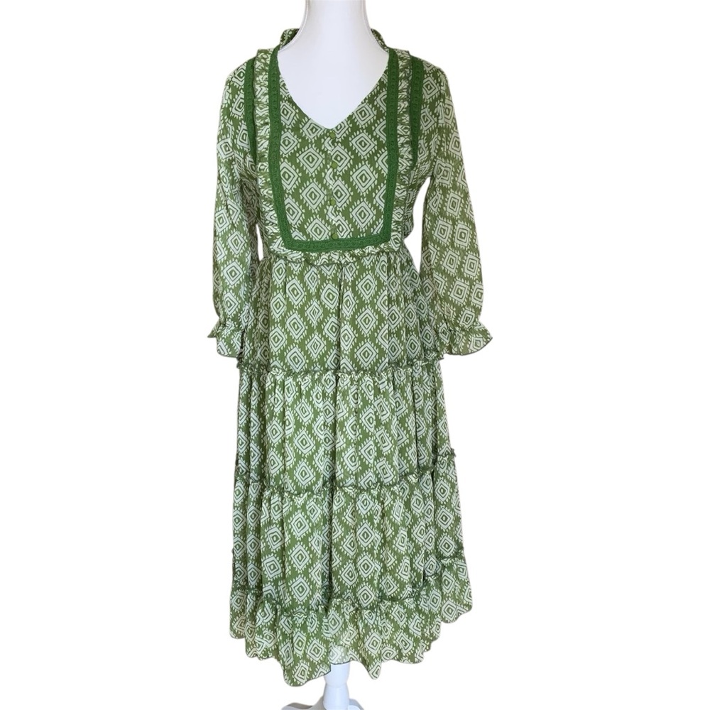 NWT Antheaa Green Geometric Print Tiered Boho 3/4 Sleeve Midi Dress Size S